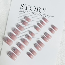 Press on Nails Medium Square Fake Nails Silver Glitter False Nails with Design Bling Sequins Glue on Nails Full Cover Glossy Acrylic Stick on Nails Nude Artificial Nails for Women Nail Art Manicure