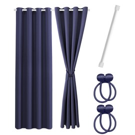 Practical set without drilling: 2 x curtains, 1 x clamping rod, 2 x tiebacks with magnet, opaque and darkening, as room divider, window and door, blue thermal curtain, 160 x 135 cm