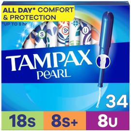 Tampax Pearl Tampons Multipack, with LeakGuard Braid, Super/Super Plus/Ultra Absorbency, Unscented, 34 Count