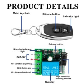 DC 12V Remote Control Switch 433Mhz, RF 10A Wireless Relay Receiver Board Universal with Transmitter Key Fobs, DIY Wireless Controller with DC Connector for Garage Door, Gate Door, Light, Motor
