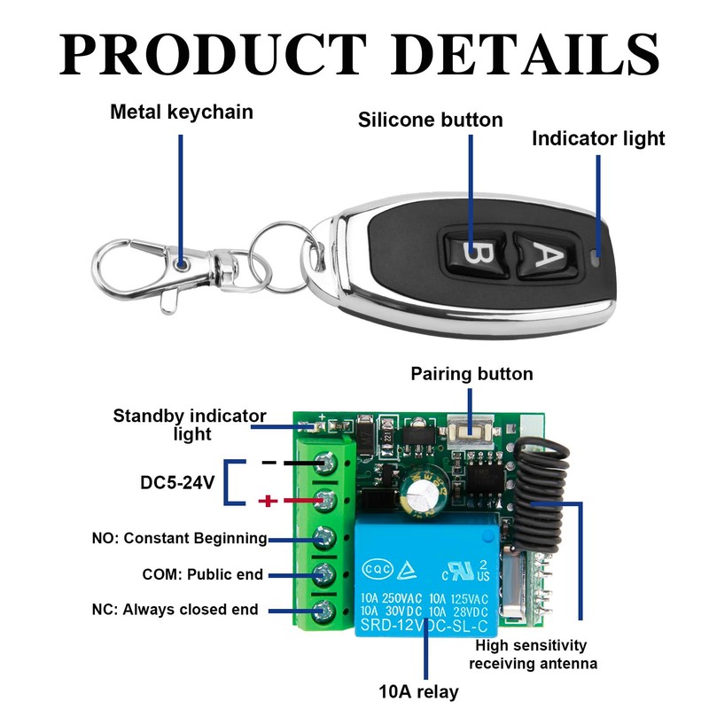 DC 12V Remote Control Switch 433Mhz, RF 10A Wireless Relay