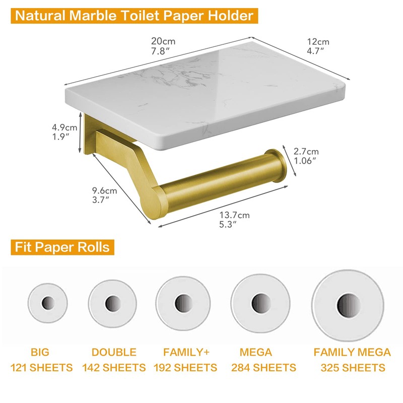 Hoimpro Brushed Gold Aluminum Toilet Paper Holder with White Natural