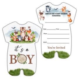 RNYJJ It's a Boy Woodland Baby Shower Invitations With Envelopes (20 Count), Forest Animals Baby Shower Party Fill in Invites Cards, Double Sided Design