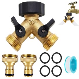 LYPPUL 2 Way Garden Hose Splitter, 3/4'' Brass Manifold Tap Adaptor, Y Valve 2-Way Tap Connector with Individual On/Off and Two Quick Connector, Brass Hose Connector