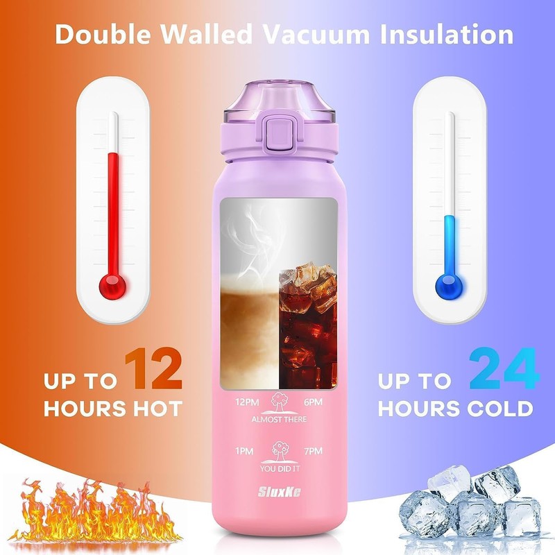 SLUXKE Stainless Steel Drinking Bottle 1 Litre with Time Marking,
