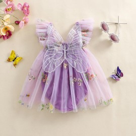 Gaono Baby Girl Fairy Romper Dress Fly Sleeveless Butterfly Wings Tutu Romper Dress Flower Embroider Summer Bodysuit (A-Purple, 0-3 Months)