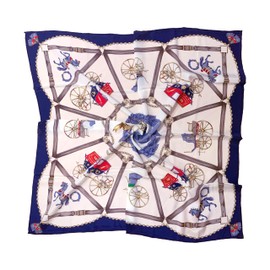 100% Silk Scarf for Women, 35 x 35 inches (89 x 89 cm), Made in Korea (Blue/Cream Carriages)