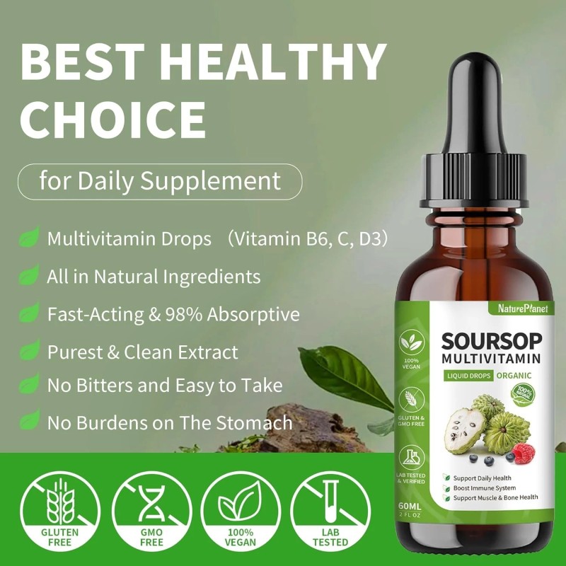 NaturePlanet Soursop Multivitamin Liquid Drops with 5000mg Soursop, Vitamin B...