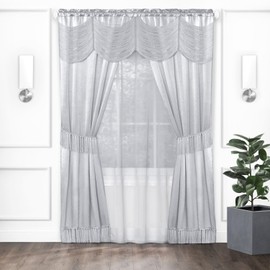 Halley Window Curtains, 6-Piece Set - 56 Inch Width, 63 Inch Length, 2 Inch Rod Pocket - Silver - Includes Valance, 2 Solid Panels, Sheer Panel & 2 Removable Tie Backs - by Achim Home Decor
