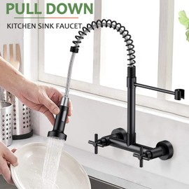 Wall Mount Kitchen Faucet, Hurran Matte Black Kitchen Sink Faucet, 8 Inch Utility Sink Faucet with Pull Down Sprayer, 2 Handle Wall Mount Commercial Sink Faucet for Kitchen Laundry Room Restaurant