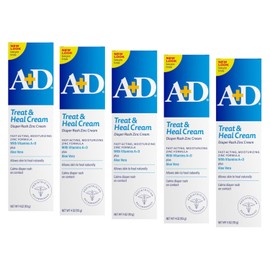 A+D Treat & Heal Diaper Rash Ointment, 4 Ounce Zinc Oxide Cream (Pack of 5)