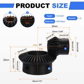 sourcing map 2Pcs Tapered Bevel Gears Set, 1.5 Mod 1:2 (15T/30T) Harden Steel Straight Bevel Gear, 90 Degree Steering Motor Gears, (8/25mm Shaft Hole)