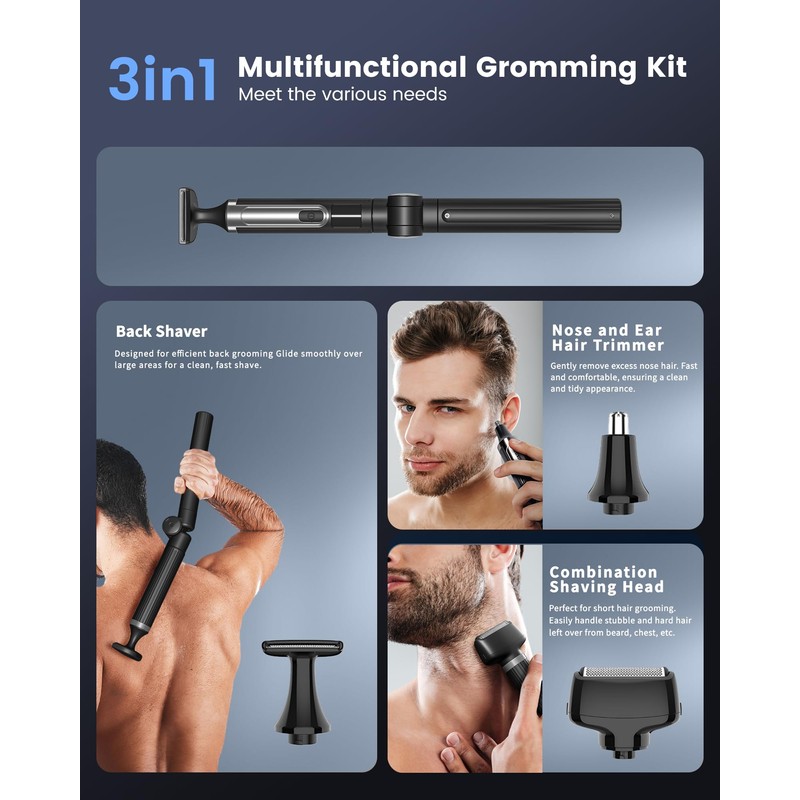 Back Shaver for Men with Extendable Long Handle, 3-in-1 Replaceable