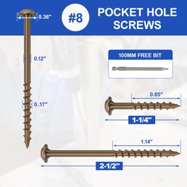 #8 Pocket Hole Screws 2-1/2 Inch, 100Pcs Coarse Thread Wood Screws, Square Drive, Washer Head, 4-Layer Coating, Drive Bit Included (Brown)