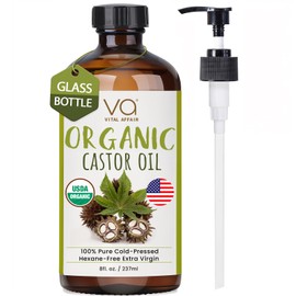 VITAL AFFAIR Castor Oil Organic Cold Pressed Unrefined Glass Bottle - USDA Certified Castor Oil For Hair Growth, Skin, Eyelashes, Eyebrows & Nails - 8 Fl Oz