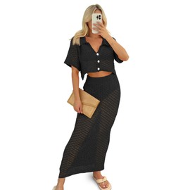 Saodimallsu Women Crochet Beach Cover Up Set Knit Crop Button Short Sleeve Collar Top Bodycon Long Skirt 2 Piece Outfits Black