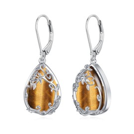 HPQQ Filigree Tigers Eye Earrings Teardrop Drop Dangle Earring Sterling Silver Leverback Earrings Tigers Eye Jewelry Gifts for Women