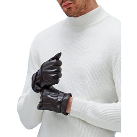 YISEVEN Winter Men's Warm Genuine Sheepskin Leather Gloves with Button Fleece Fur Lined Classical Urban Style For Dress Driving Motorcycle Work,Brown 9.5"/L