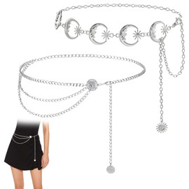 Gzcnsel 2PCS Women's Silver Metal Link Chain Belt - Adjustable Moon & Star Waist Chain for Dress, Jeans & Body Jewelry