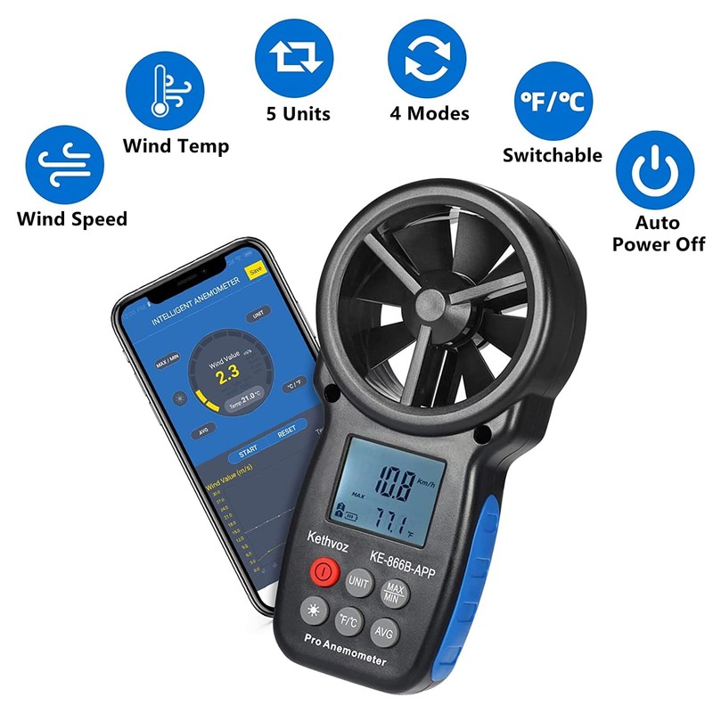 Bluetooth Digital Anemometer, Kethvoz Handheld Wind Speed Meter with Data