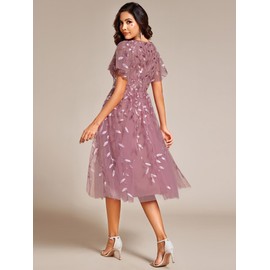 Ever-Pretty Prom Dress Leaf Sequin Short Sleeve Tulle Midi Wedding Guest Dress Orchid 18UK