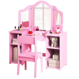 Costzon Kids 2-in-1 Princess Makeup Desk & Chair with Detachable Mirror, Shelves, Dressing Table for Little Girls (Pink)