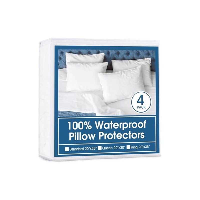 4 Pack Waterproof Pillow Protectors with Zipper King Size