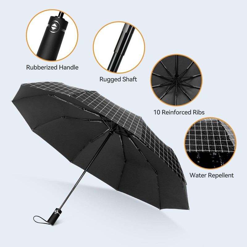 TechRise Umbrella Windproof Travel Umbrella: 10 Ribs Automatic Compact Strong
