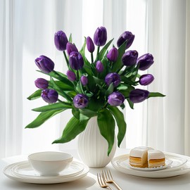 Bailikang 20PCS Fake Tulips Artificial Tulip Silk Flowers Fake PU Bouquet Artificial Flowers Faux Flowers with Gift Box Soft Faux Tulips Bouquets Arrangements for Party Wedding Home