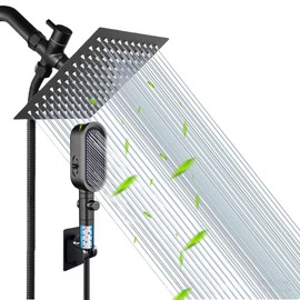 Rain Shower Head Combo Set with Handheld Sprayer, Waterfall Showerhead with 79" Stainless Steel Hose, 3 Way Diverter Valve and Adhesive Shower Head Holder (Matte Black with filters, 8 Inch)