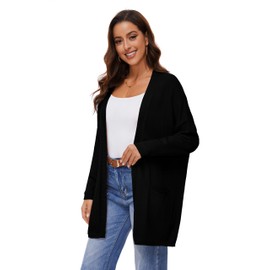 BERESIA Women's 100% Cotton Open Front Cardigans with Pockets Oversized Classic Knit Casual Sweaters Outwear, Black, S
