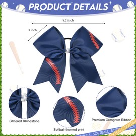 8 PCS Softball Bows 8" Softball Cheer Bows Bulk Hair Bows Cheerleading Sports Cheerleader Ponytail Holder Softball Accessories for Girls College Competition Navy Blue