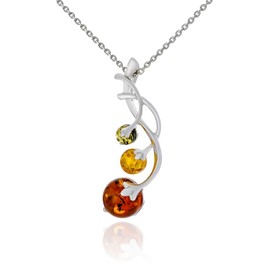 AMBEDORA Women's Necklace mod.1570 Polished Sterling Silver Colourful Baltic Amber Silver Pendant on Chain, Sterling Silver, Amber