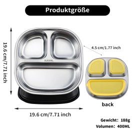 Stainless Steel Children's Plate with Suction Cup - Shockproof Triple Plate for Babies from 6+ Months (Dishwasher Safe/100% BPA-Free) - Crush-Proof Dinner Plate with Vacuum Base for Crib & Travel