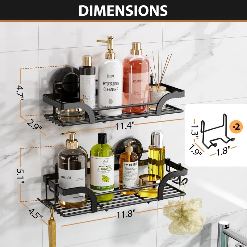 LEVERLOC Shower Caddy Suction Cup, 2 Pack Shower Shelves for