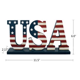 Linfevisi 4th of July Wooden USA Sign American Patriotic Table Decor Standing Wooden Letters Cutout US Flag Memorial Day Centerpieces Home Decoration for Veterans Mantel Shelf