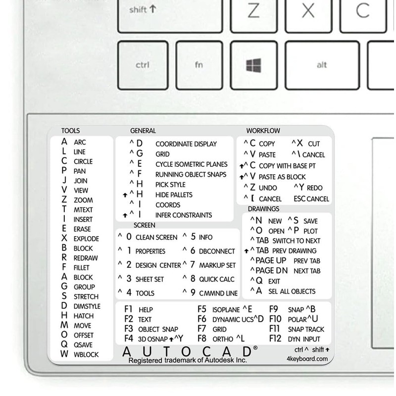 AutoCAD Reference Keyboard Hotkeys Decals for Windows Black, White Background