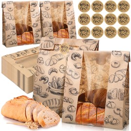 MotiMind 100 Packs Paper Bread Bags for Homemade Bread Sourdough 14 x 8.3 x 3.5 Inches Kraft Paper Bakery Bag with Window Label Seal Sticker for Baked Food Packaging Storage(Brown)