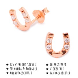 Monkimau Girls' Earrings Horseshoe Lucky Charm Stud Earrings Made of 925 Sterling Silver Real Silver with 8 Crystals Rose Gold Plated, Sterling Silver
