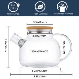 CnGlass Glass Teapot Stovetop Safe,40.6oz Clear Teapots with Removable Filter Spout,Teapot for Loose Leaf and Blooming Tea