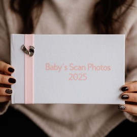 Baby's Scan Photo Album '2025' with Stitched Pink Ribbon & Pewter Baby Feet Design - Pink Ribbon (2025)