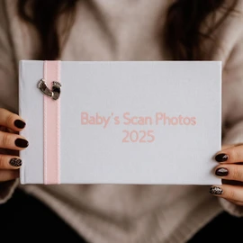 Baby's Scan Photo Album '2025' with Stitched Pink Ribbon & Pewter Baby Feet Design - Pink Ribbon (2025)