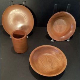 Handmade Signed R. Hine Hand turned Cherry Wood Bowls, 1 Dish, & 1 Pencil Holder