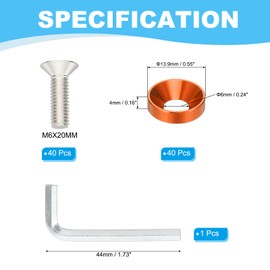 PATIKIL 40 Pairs M6 Aluminium Washers and M6 x 20 mm Steel Screws with Key, Countersunk Washers for Bumper, Mudguard, Engine Compartment Dress Up Kit, Orange