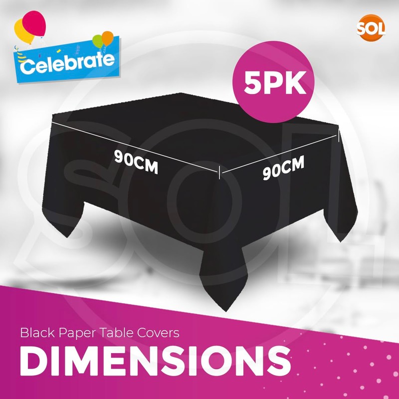 SOL 5pk Black Paper Table Cover 90 x 90cm Paper