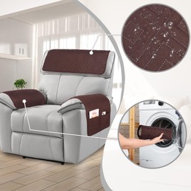 Niuoppy 3pcs Armrest Cover, Headrest Cover for Recliner Sofa, Waterproof Recliner Chair Cover with Side Pocket, Nonslip Armrest Slipcover Furniture Protector for Pets (Coffee)
