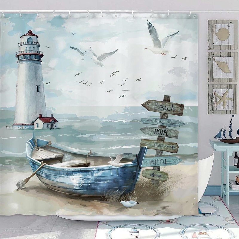 Uokiuki Nautical Coastal Shower Curtain, Ocean Beach Lighthouse Shower Curtain