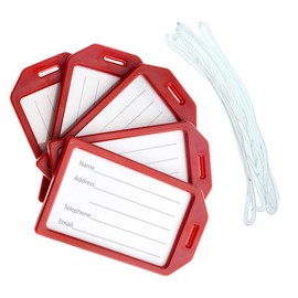 5 Pack - Premium Rigid Airline Luggage Tag Holders with 6" Worm Loops - Heavy Duty Hard Plastic -Suitcase ID Tag Identifiers with Business Card Insert Window by Specialist ID (Red)