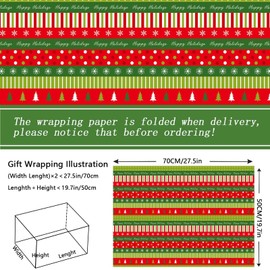 Bolsome 12Pcs Christmas Wrapping Paper Red Green Xmas Tree Polka Dots Candy Cane Ho Ho Ho Pattern Gift Wrap Paper Bulk Folded Flat for Birthday Party Xmas Party DIY Craft, 19.7 x 27.6 inch