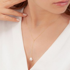 Collner Dainty Pearl Necklace 14K Gold/Silver Plated Cute Single Pearl Necklace Elegant Tiny Pearl Choker Delicate Layered Freshwater Pearl Necklace Everyday Jewelry Gift (Pearl Lariat Gold)